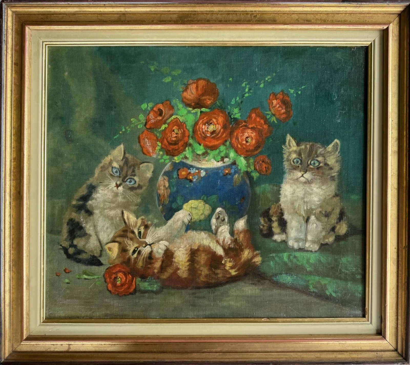 Vintage 1960s Oil Painting – Playful Kittens with Red Flowers – Charming Mid-Century Cat Artwork